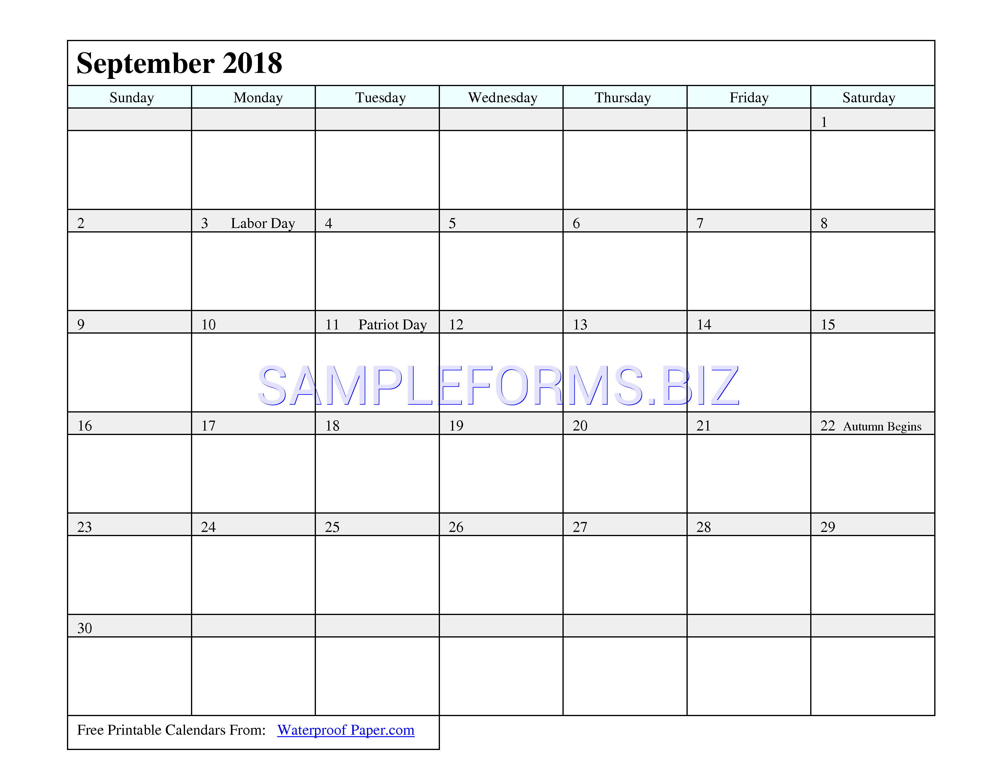 Preview free downloadable September 2018 Calendar 3 in PDF (page 1)